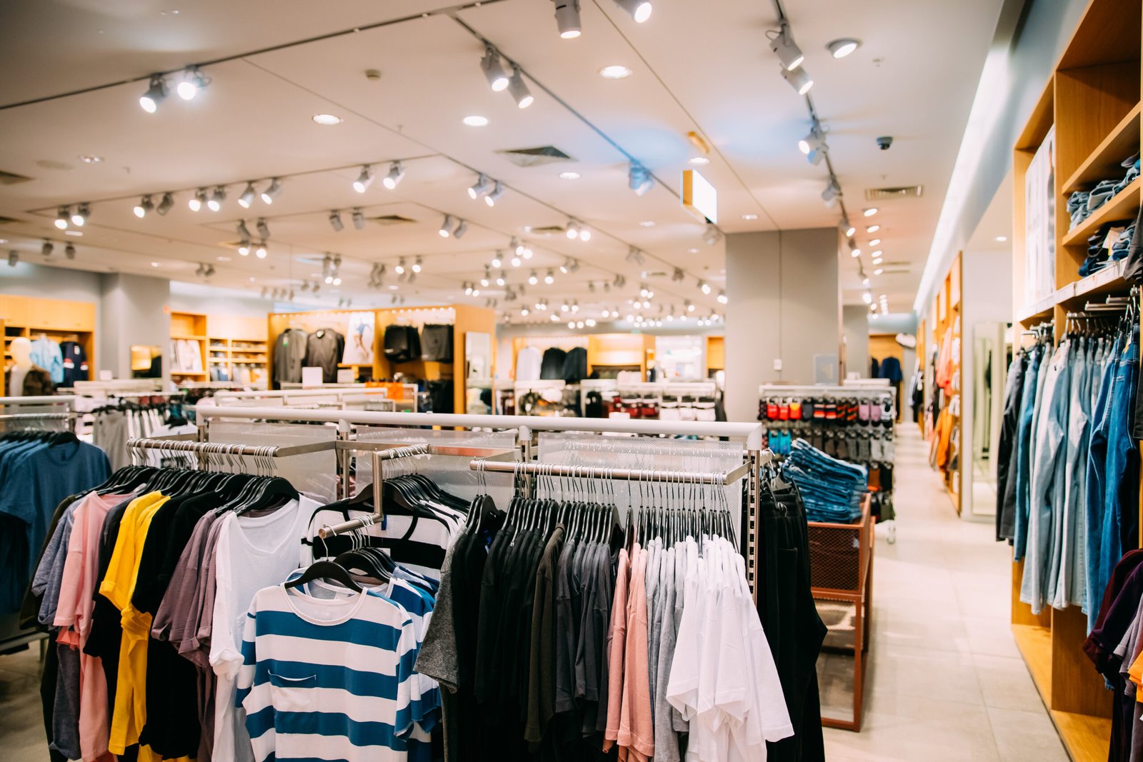 Colorful Bright Clothes On Shelves And Hanger In Store Of Shopping Center.