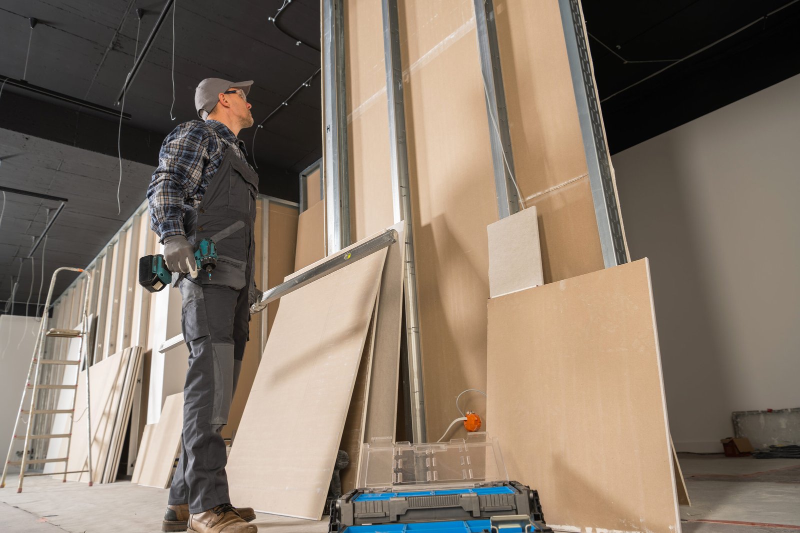 Caucasian Interior Finishing Contractor with a Power Tool in His Hand Looking on a Drywall Wall